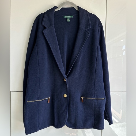 Lauren Ralph Lauren Navy Knit Blazer Jacket Size 1X Gold Buttons Pockets - Picture 1 of 8